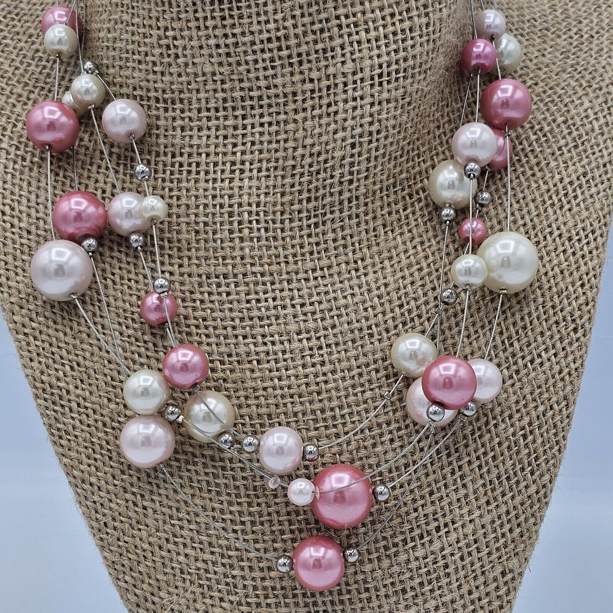 (691) Pink Cream Faux Pearl Floating Illusion Necklace 4 Strands Silver-tone Wire