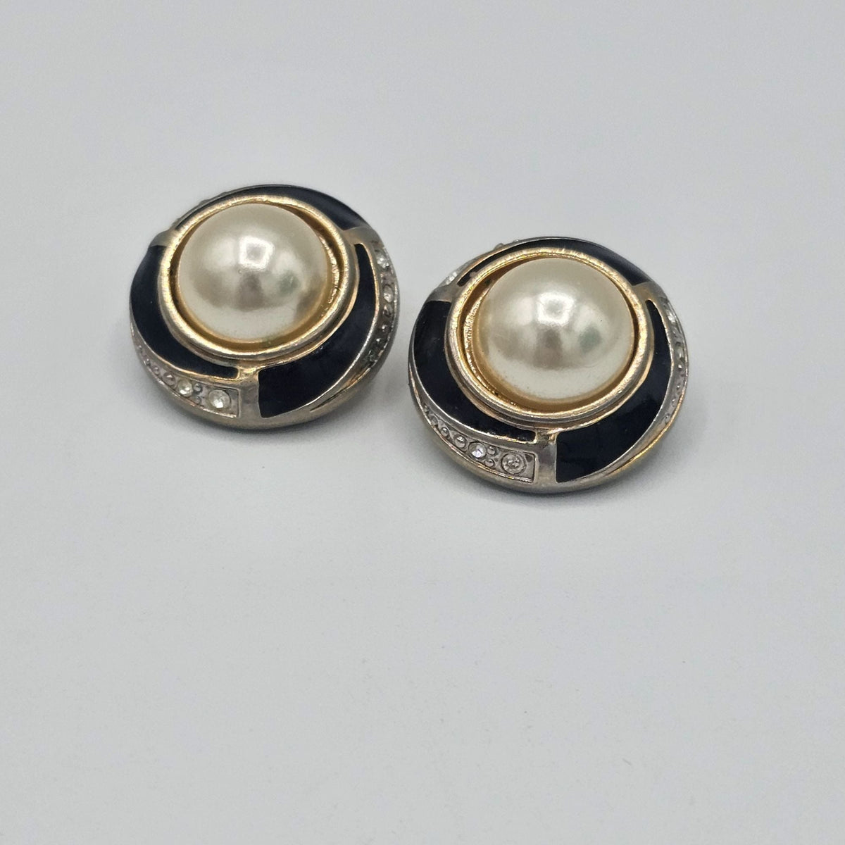 Vintage Round Gold-tone Clip-On Earrings Faux Pearl & Rhinestones Black Enamel