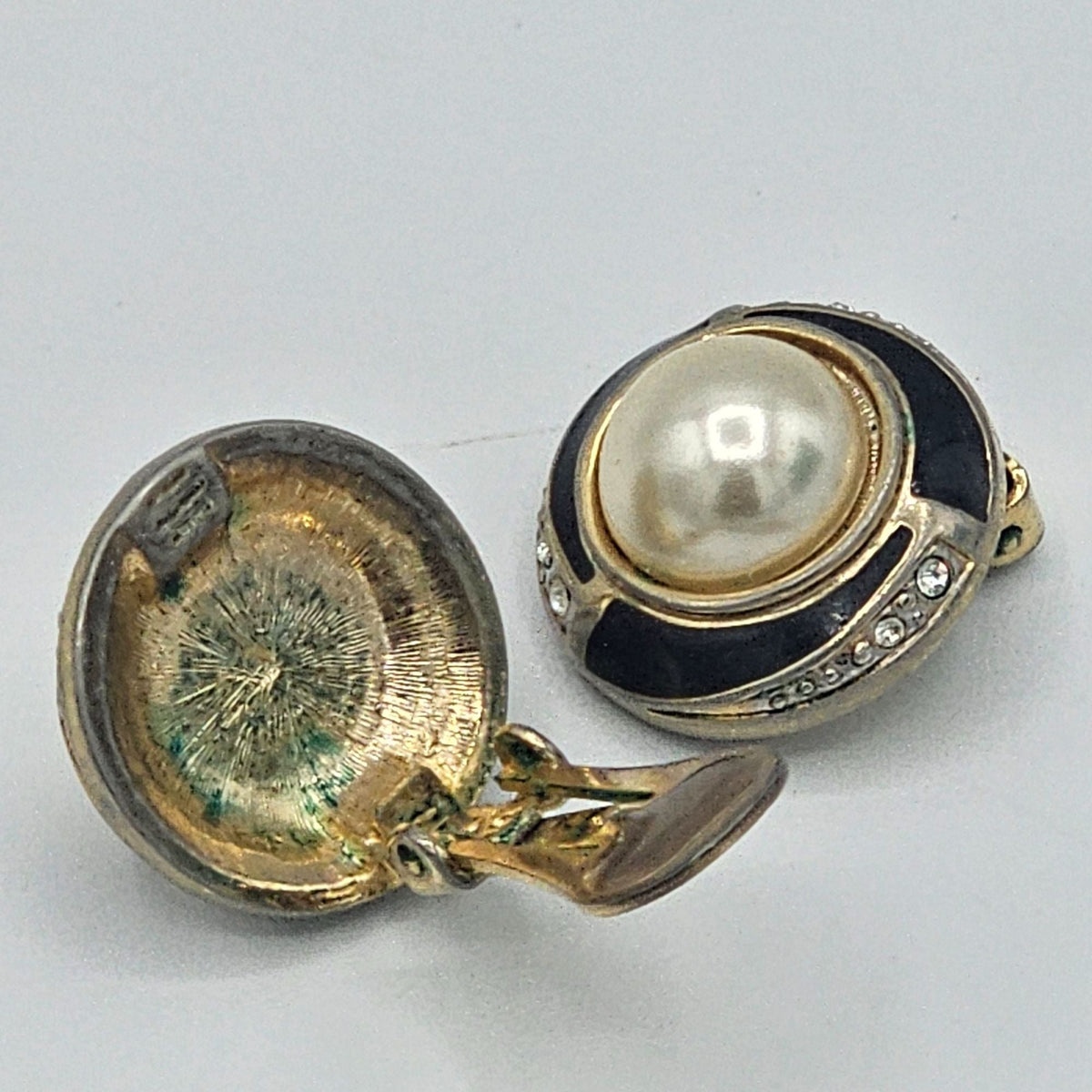 Vintage Round Gold-tone Clip-On Earrings Faux Pearl & Rhinestones Black Enamel