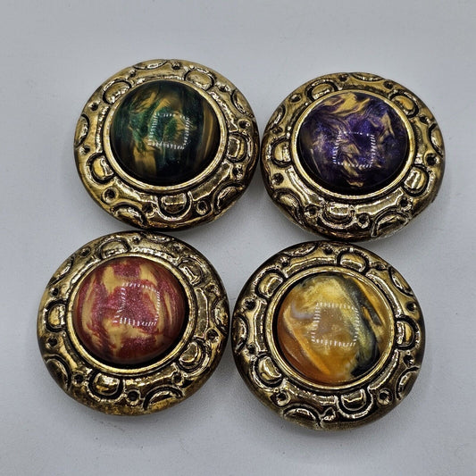 (601) Vintage Multicolor Marbled Design Fancy Button Cover with Gold Tone Lot Of 4