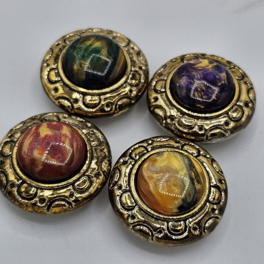 (601) Vintage Multicolor Marbled Design Fancy Button Cover with Gold Tone Lot Of 4