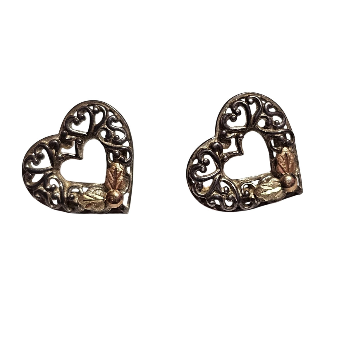 (713) Vintage Sterling Heart Filigree Pierced Earrings Gold Accents 3.42 Grams