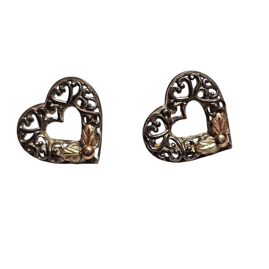 (713) Vintage Sterling Heart Filigree Pierced Earrings Gold Accents 3.42 Grams