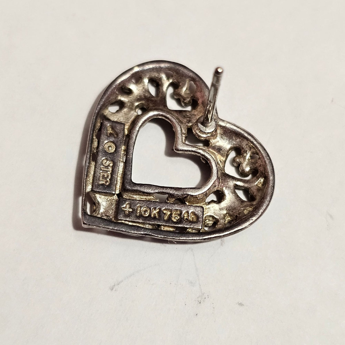 (713) Vintage Sterling Heart Filigree Pierced Earrings Gold Accents 3.42 Grams