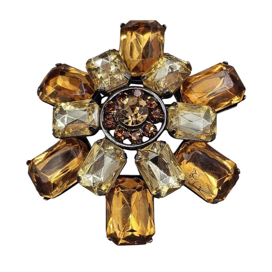 Vintage Brooch Amber Acrylic Stones Dark Rhinestones Gold-tone Prong Set