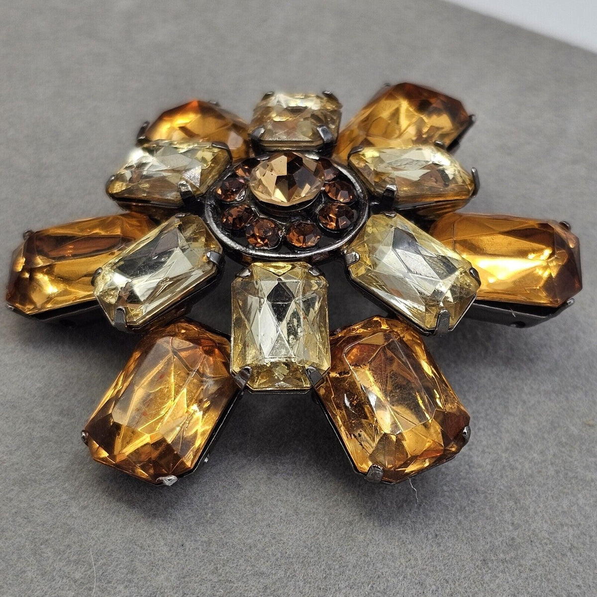 Vintage Brooch Amber Acrylic Stones Dark Rhinestones Gold-tone Prong Set