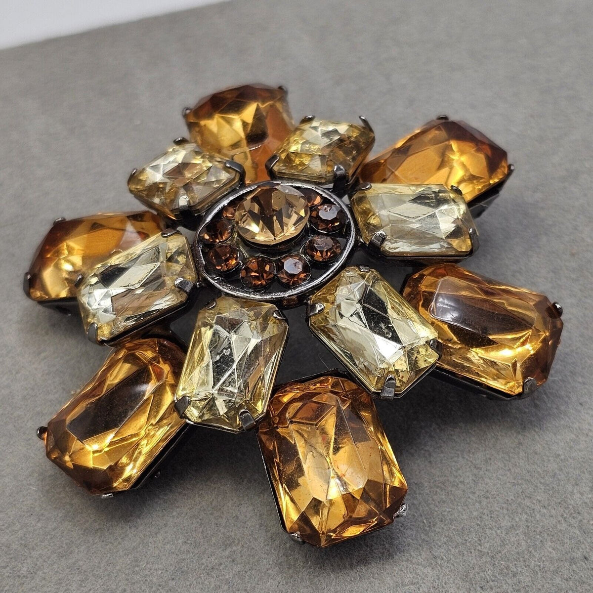 Vintage Brooch Amber Acrylic Stones Dark Rhinestones Gold-tone Prong Set