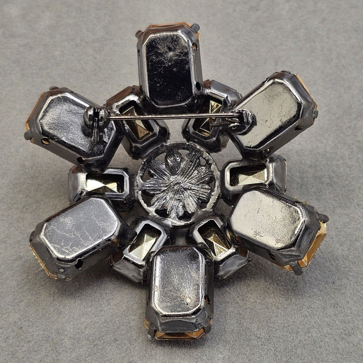 Vintage Brooch Amber Acrylic Stones Dark Rhinestones Gold-tone Prong Set