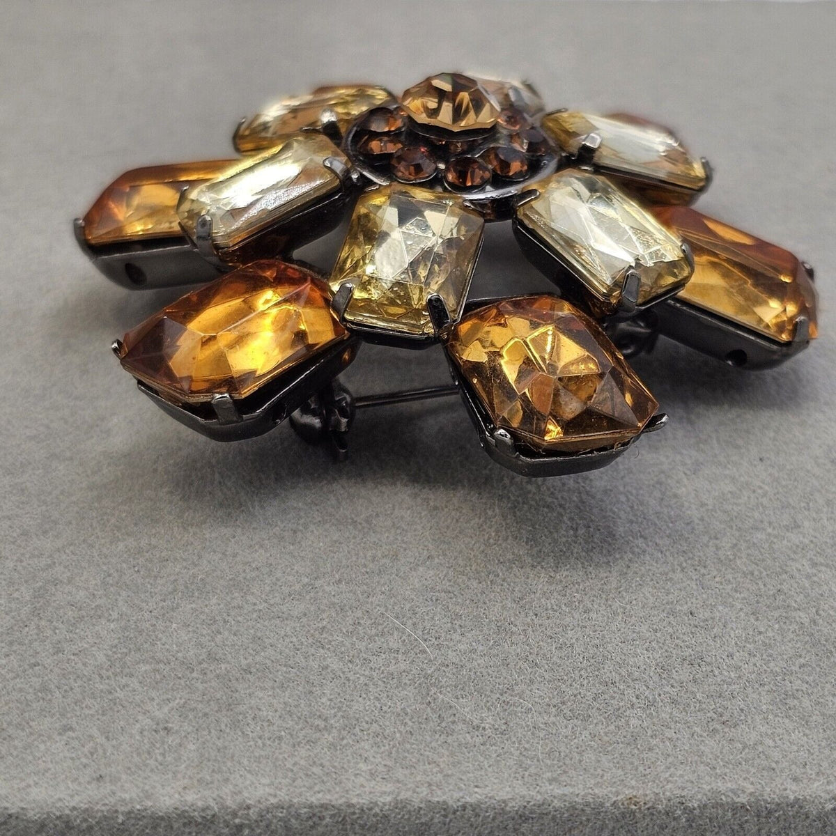 Vintage Brooch Amber Acrylic Stones Dark Rhinestones Gold-tone Prong Set