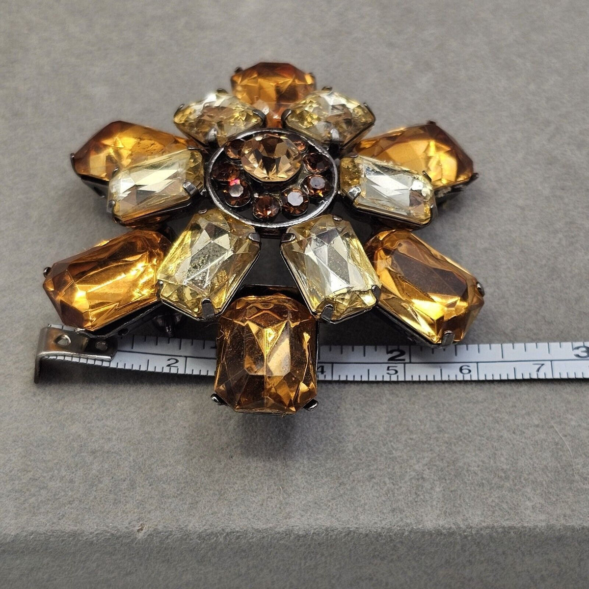 Vintage Brooch Amber Acrylic Stones Dark Rhinestones Gold-tone Prong Set