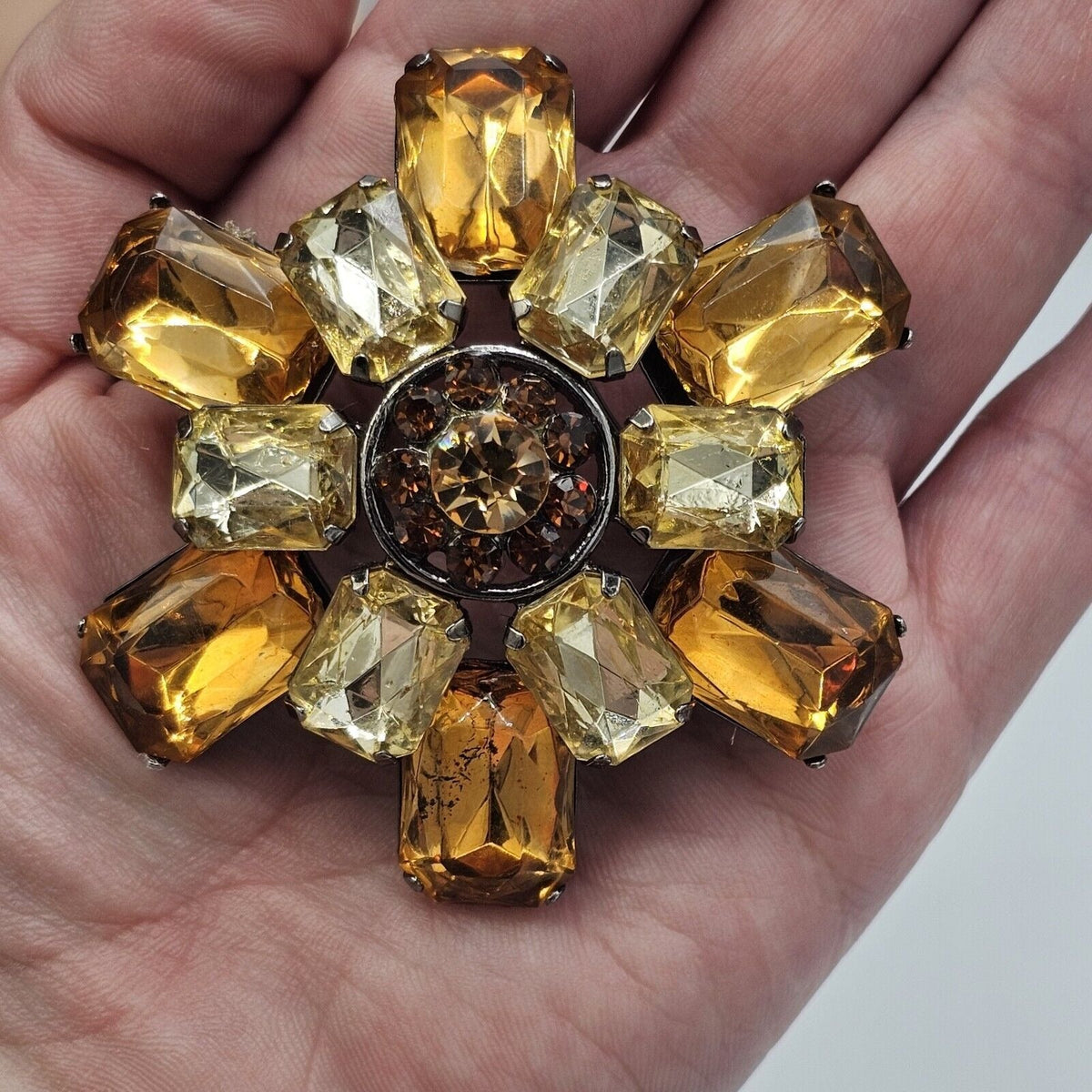 Vintage Brooch Amber Acrylic Stones Dark Rhinestones Gold-tone Prong Set
