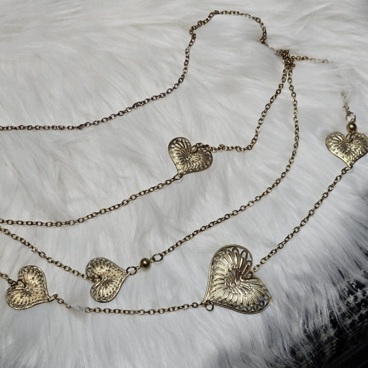 (656) Extra Long Multi Heart Layered Chain Brass Colored Necklace Valentines