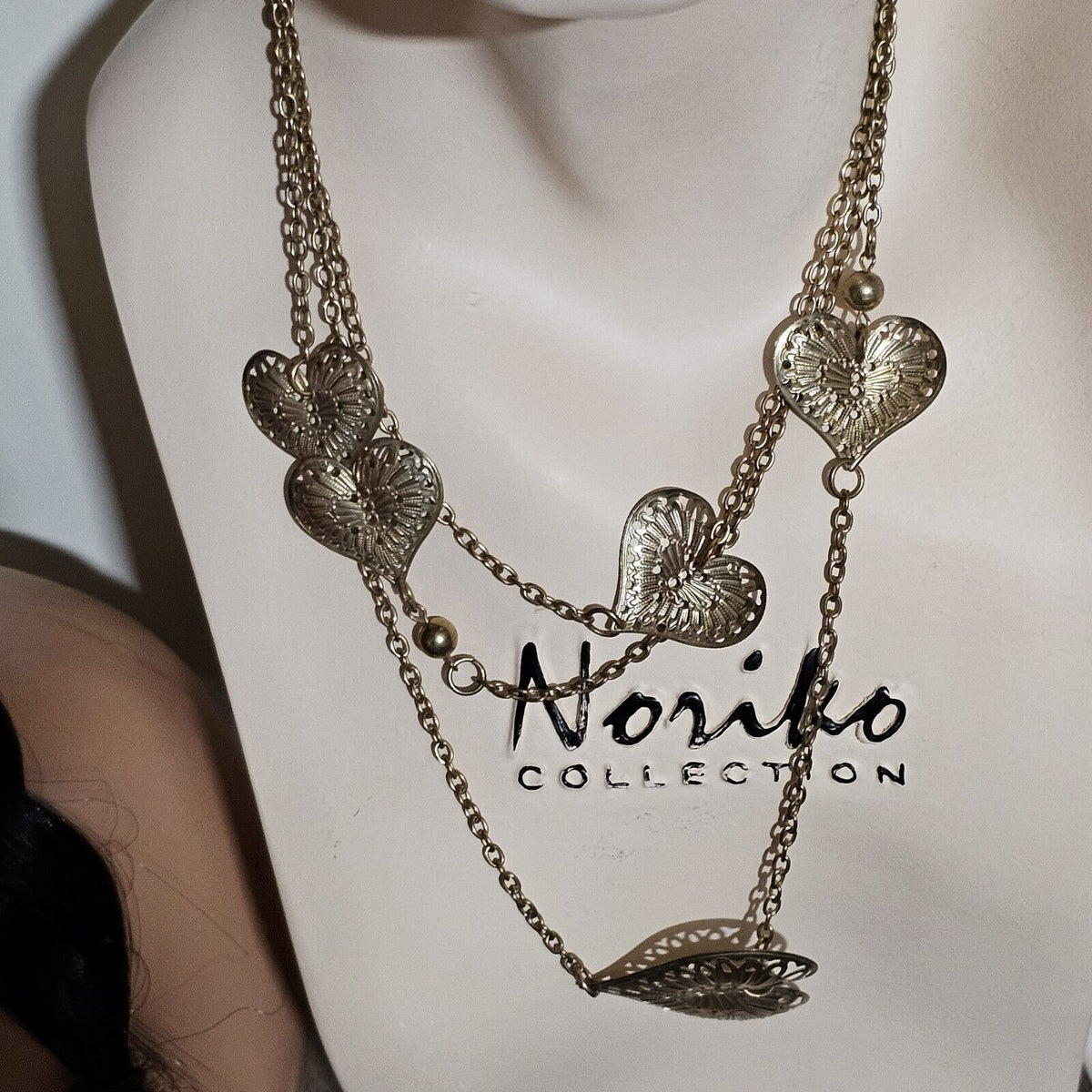 (656) Extra Long Multi Heart Layered Chain Brass Colored Necklace Valentines