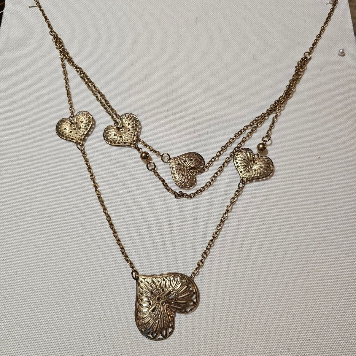 (656) Extra Long Multi Heart Layered Chain Brass Colored Necklace Valentines