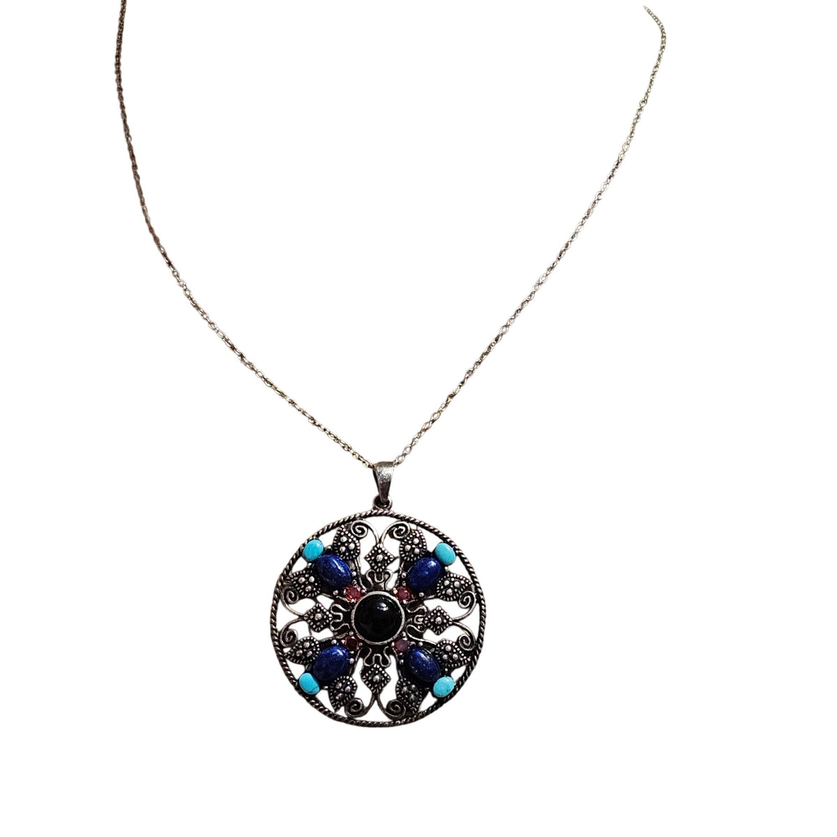 (710) Sterling Silver Mandala Scroll Pendant Necklace Turquoise Coral Onyx11.42g