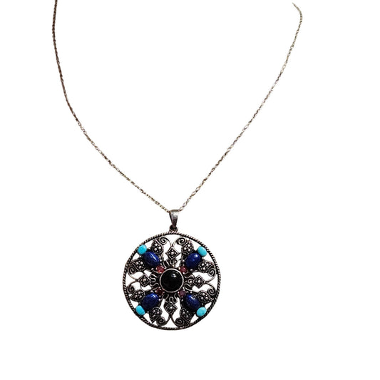 (710) Sterling Silver Mandala Scroll Pendant Necklace Turquoise Coral Onyx11.42g