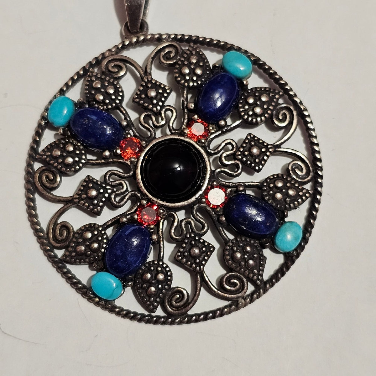 (710) Sterling Silver Mandala Scroll Pendant Necklace Turquoise Coral Onyx11.42g