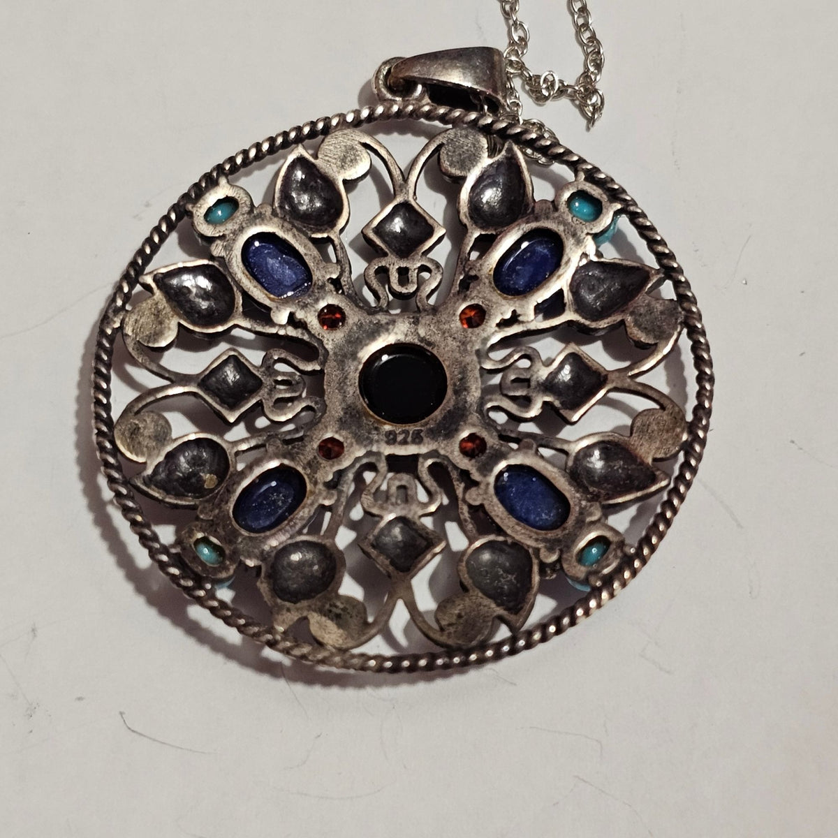 (710) Sterling Silver Mandala Scroll Pendant Necklace Turquoise Coral Onyx11.42g