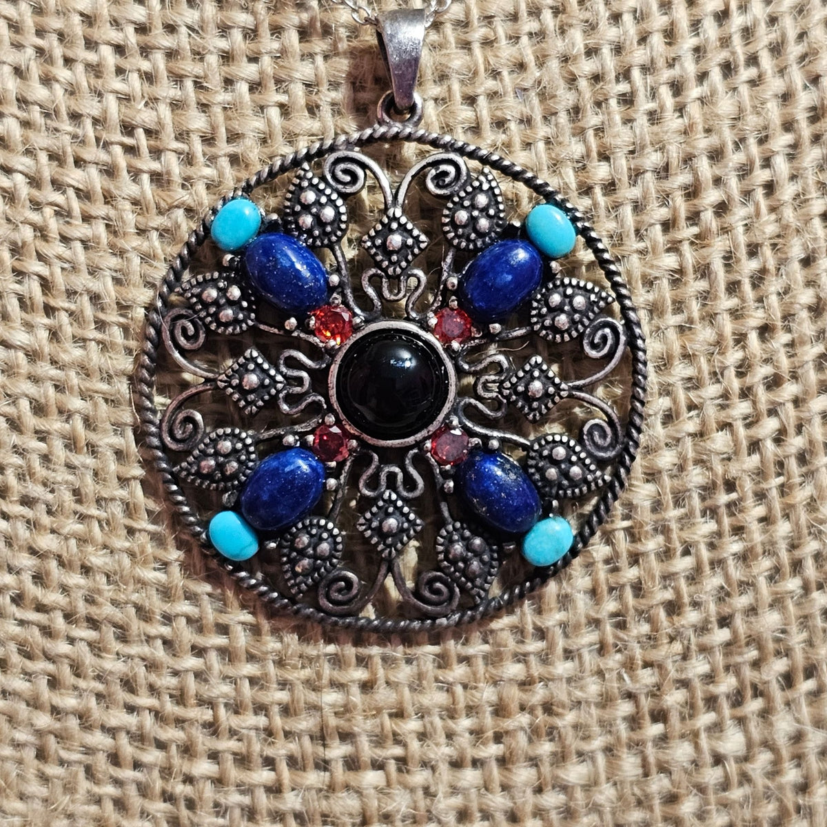 (710) Sterling Silver Mandala Scroll Pendant Necklace Turquoise Coral Onyx11.42g