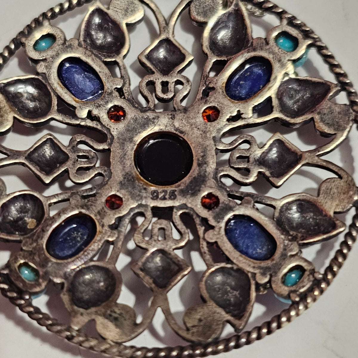(710) Sterling Silver Mandala Scroll Pendant Necklace Turquoise Coral Onyx11.42g