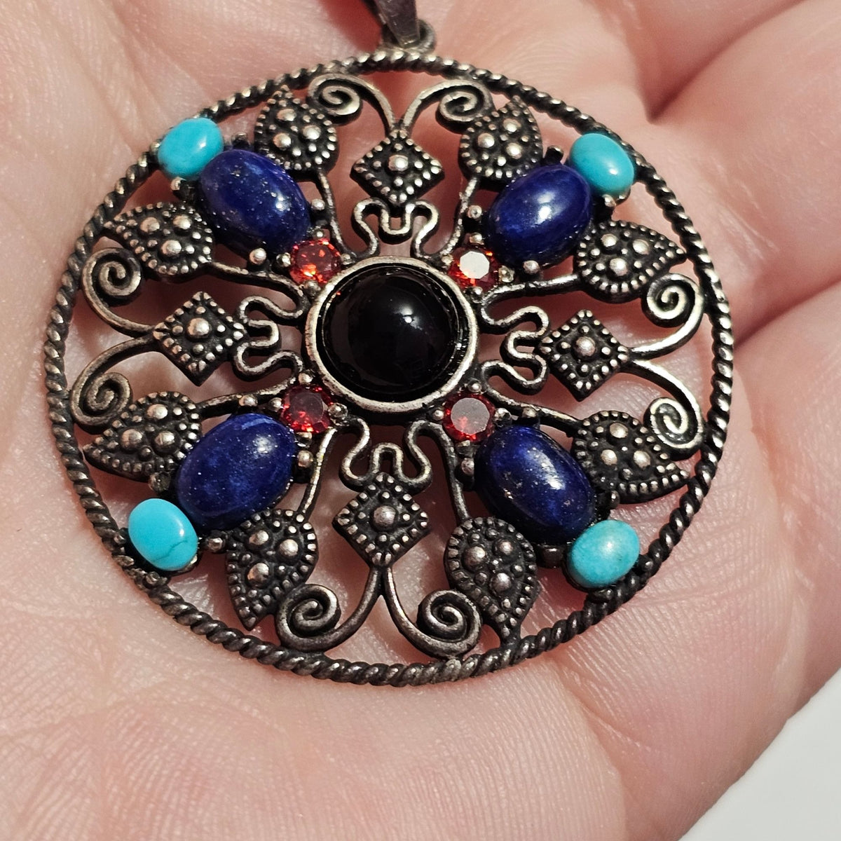 (710) Sterling Silver Mandala Scroll Pendant Necklace Turquoise Coral Onyx11.42g