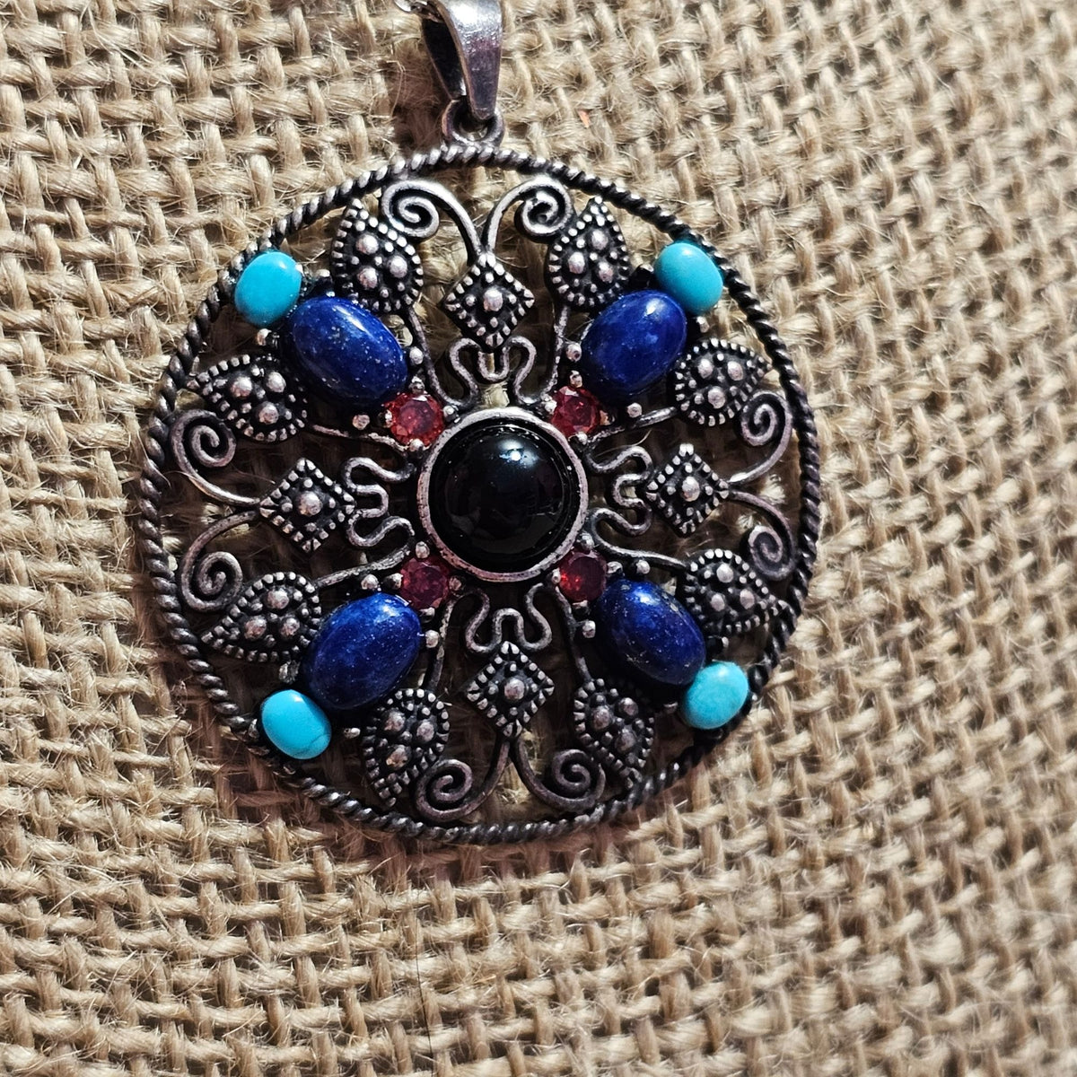 (710) Sterling Silver Mandala Scroll Pendant Necklace Turquoise Coral Onyx11.42g