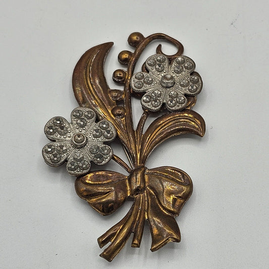 (703) Bronze Huge Floral Brooch Vintage Over 3 inches