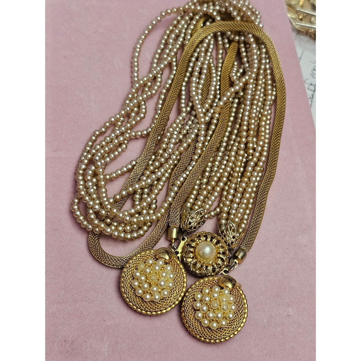 (754) Vintage Multi-Strand Faux Pearl & Gold Mesh Necklace With Clip-On Earrings Set