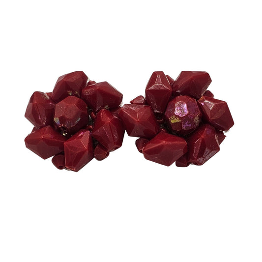Vintage Old Plastic Red Bead Cluster Clip-On Earrings Germany Retro Jewelry