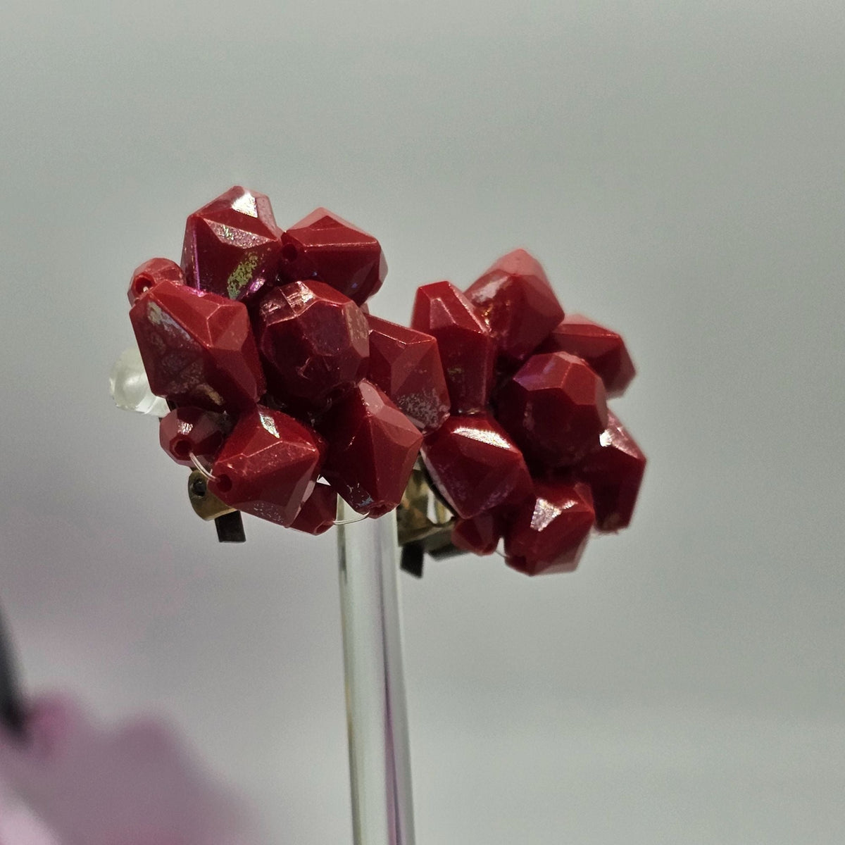 Vintage Old Plastic Red Bead Cluster Clip-On Earrings Germany Retro Jewelry