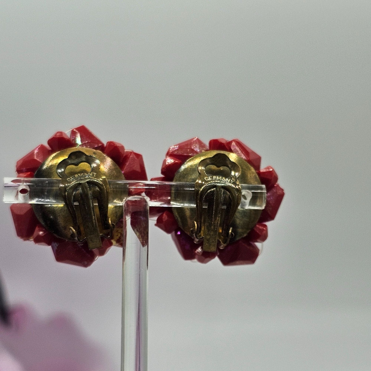 Vintage Old Plastic Red Bead Cluster Clip-On Earrings Germany Retro Jewelry