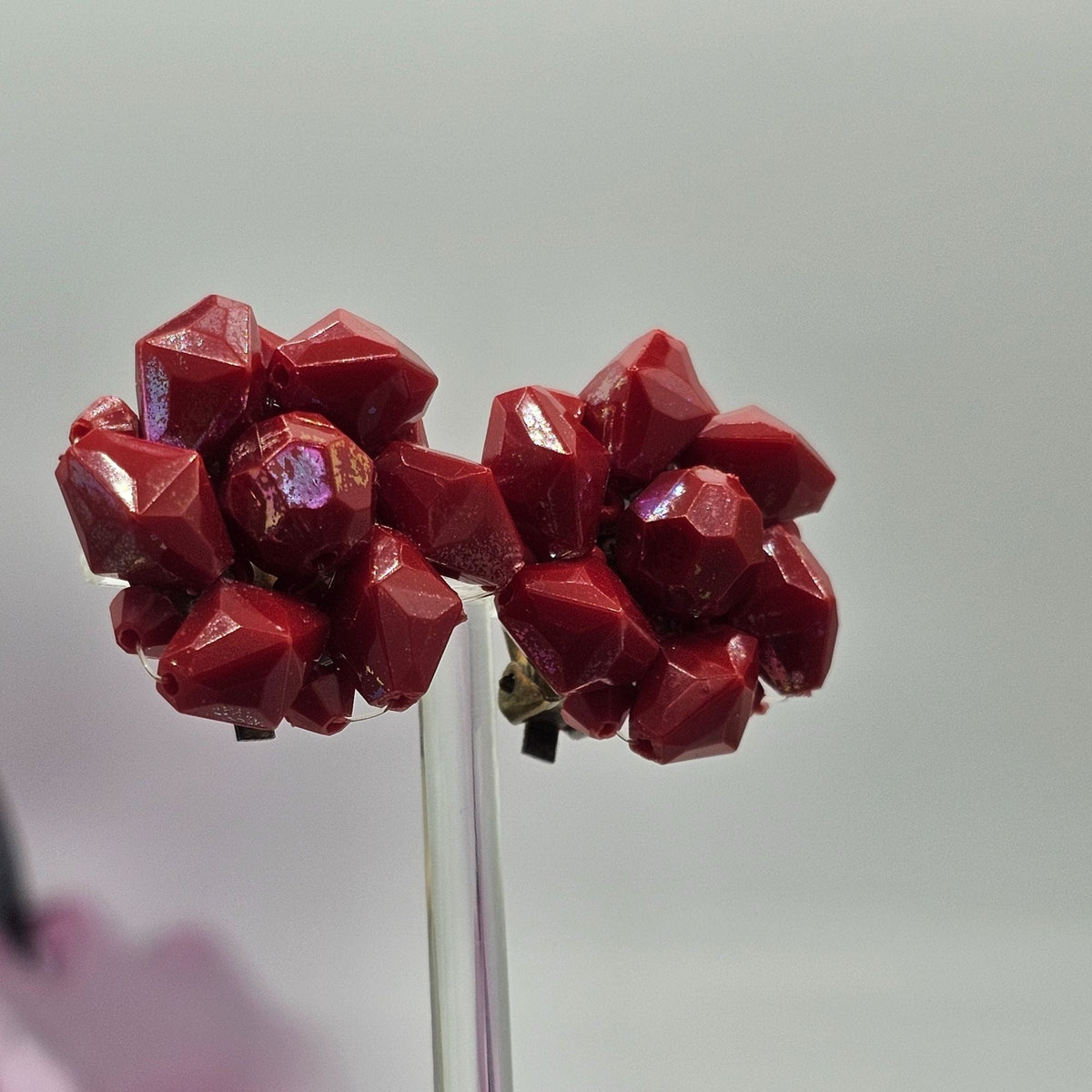 Vintage Old Plastic Red Bead Cluster Clip-On Earrings Germany Retro Jewelry