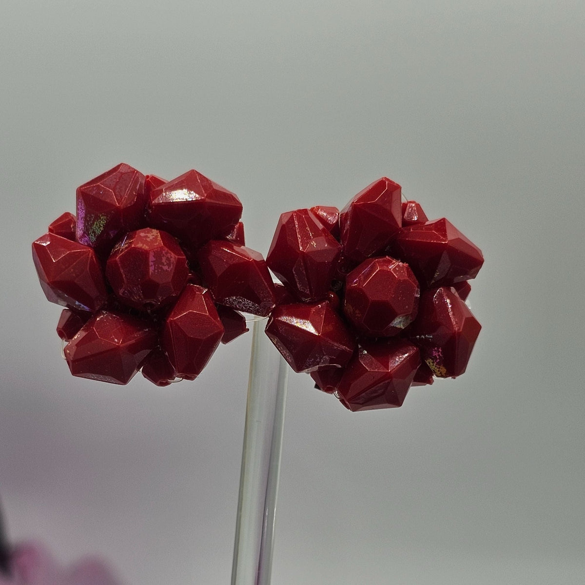 Vintage Old Plastic Red Bead Cluster Clip-On Earrings Germany Retro Jewelry