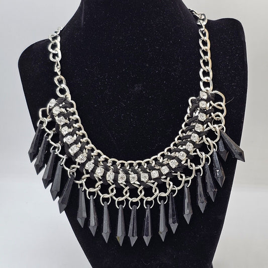 (688) Rhinestone Black Bead Silver Link Chained Fashion Statement Necklace Edgy