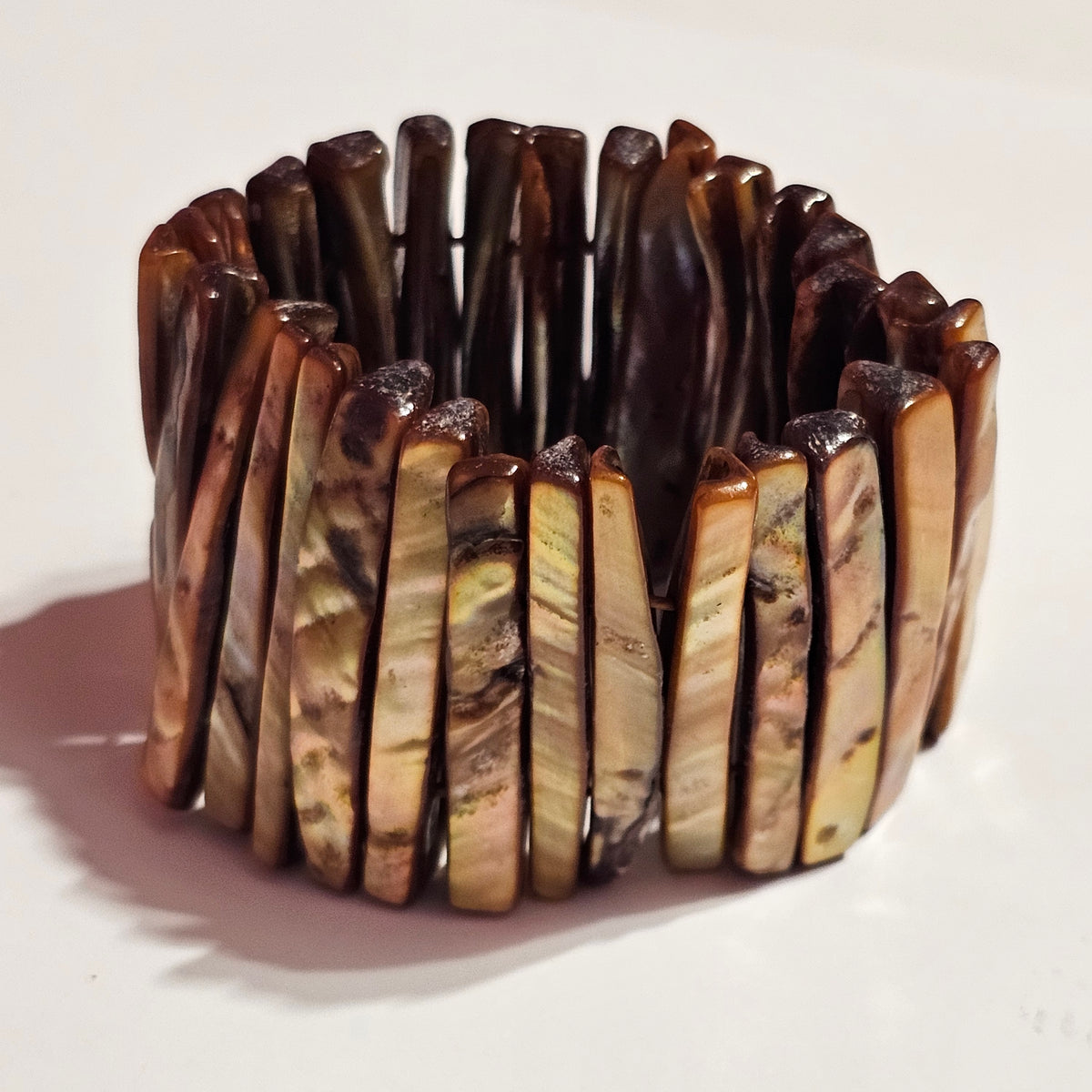 Abalone Long Shard Brown Stretch Bracelet Vintage Coastal Bohemian