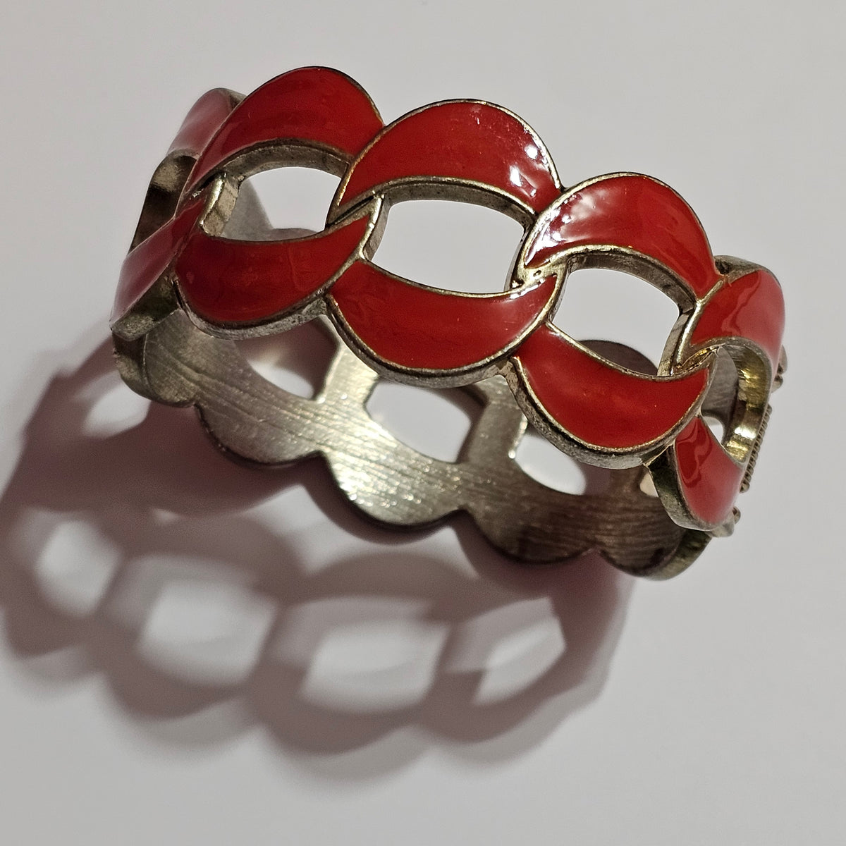 Chunky Geometric Designed Silver-tone Red Enamel Clamper Bracelet Vintage