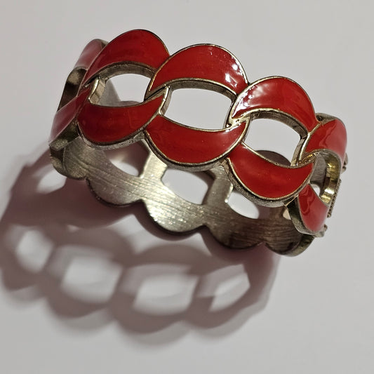 Chunky Geometric Designed Silver-tone Red Enamel Clamper Bracelet Vintage