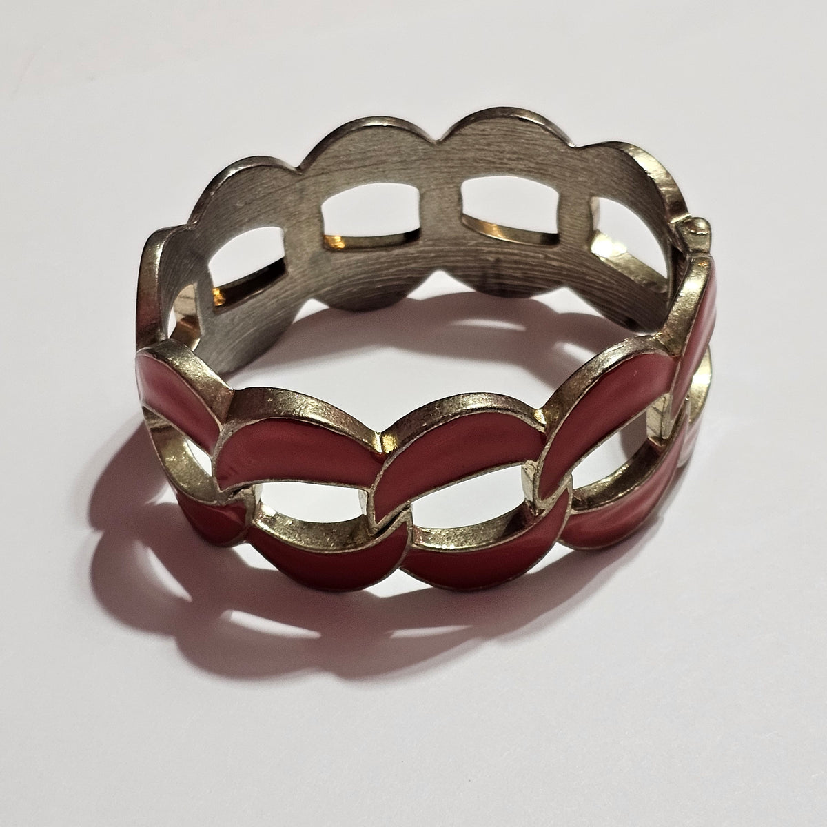 Chunky Geometric Designed Silver-tone Red Enamel Clamper Bracelet Vintage