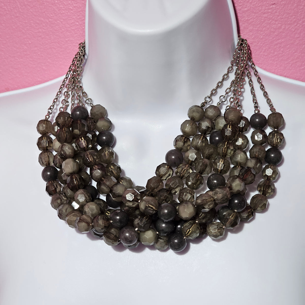 50 Shades of Grey Chunky Layered Beaded Collar Statement Necklace Vintage