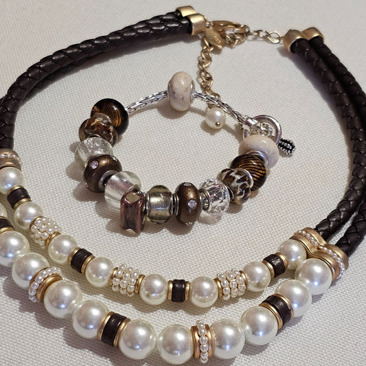 (641) Chicos Necklace Bracelet Set Faux Pearl Brown Leather Beaded Collar Elegant