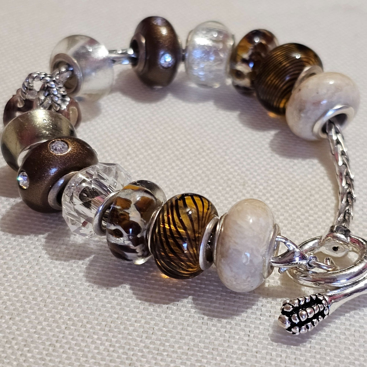 (641) Chicos Necklace Bracelet Set Faux Pearl Brown Leather Beaded Collar Elegant