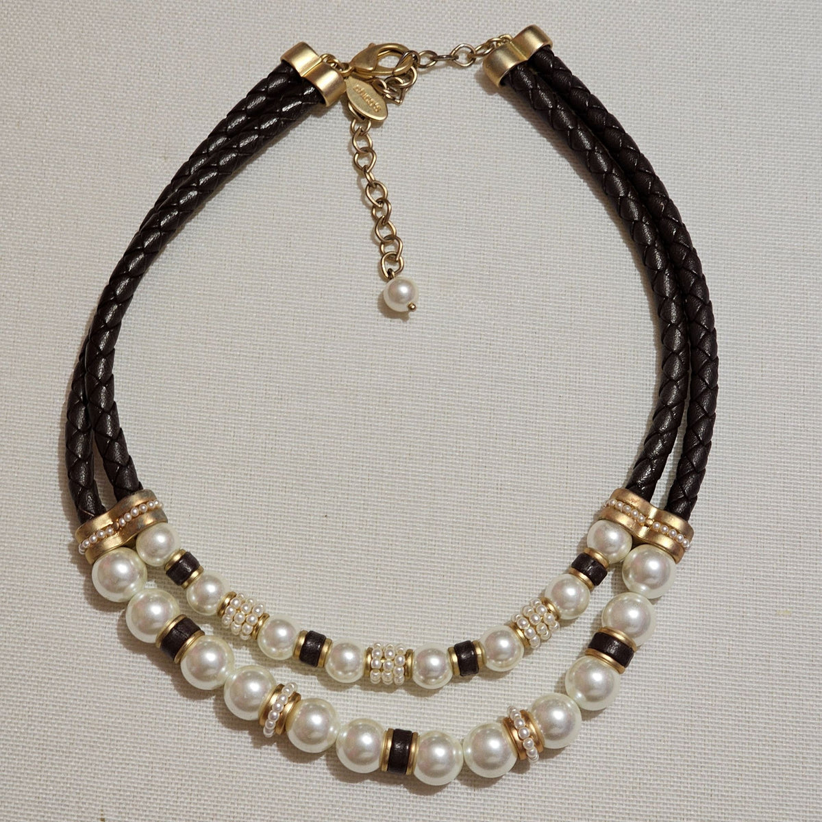 (641) Chicos Necklace Bracelet Set Faux Pearl Brown Leather Beaded Collar Elegant