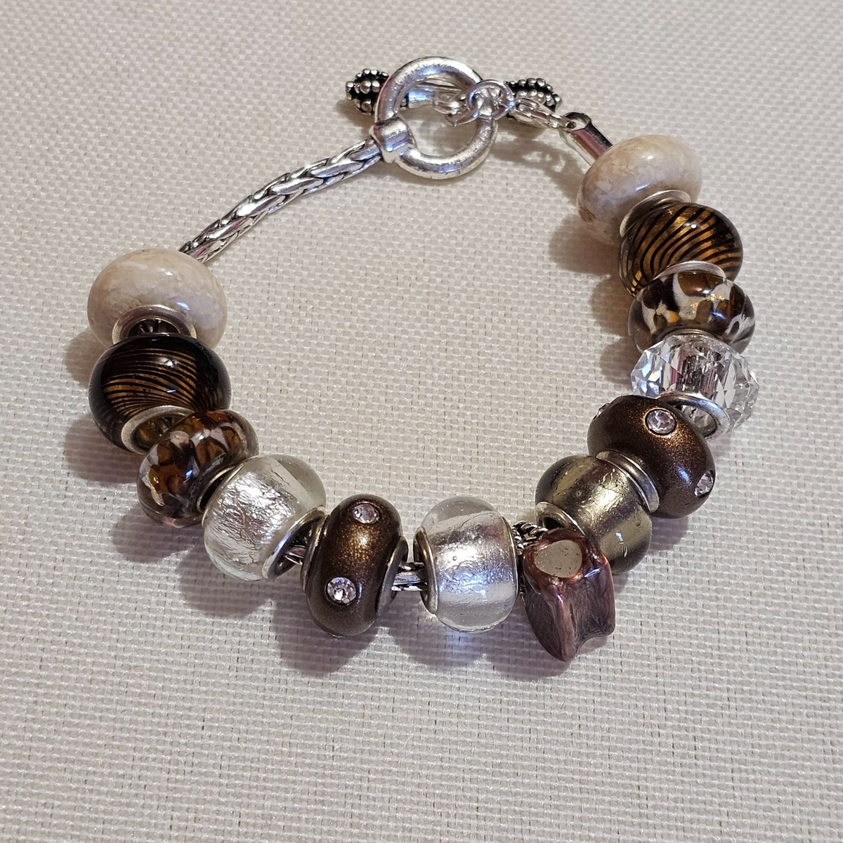 (641) Chicos Necklace Bracelet Set Faux Pearl Brown Leather Beaded Collar Elegant