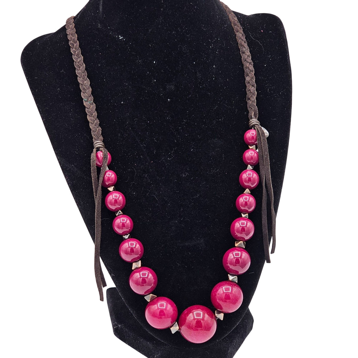 (46) Fossil Braided Brown Cord Necklace Large Pink Beads & Metal Accents