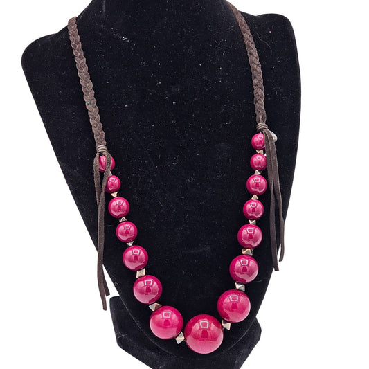 (46) Fossil Braided Brown Cord Necklace Large Pink Beads & Metal Accents