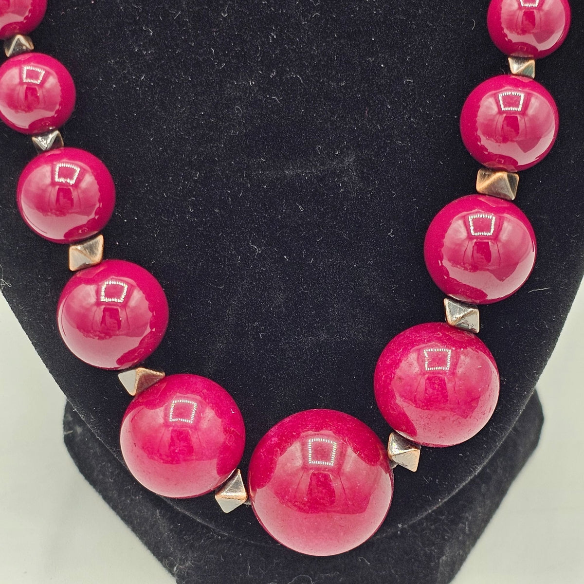 (46) Fossil Braided Brown Cord Necklace Large Pink Beads & Metal Accents