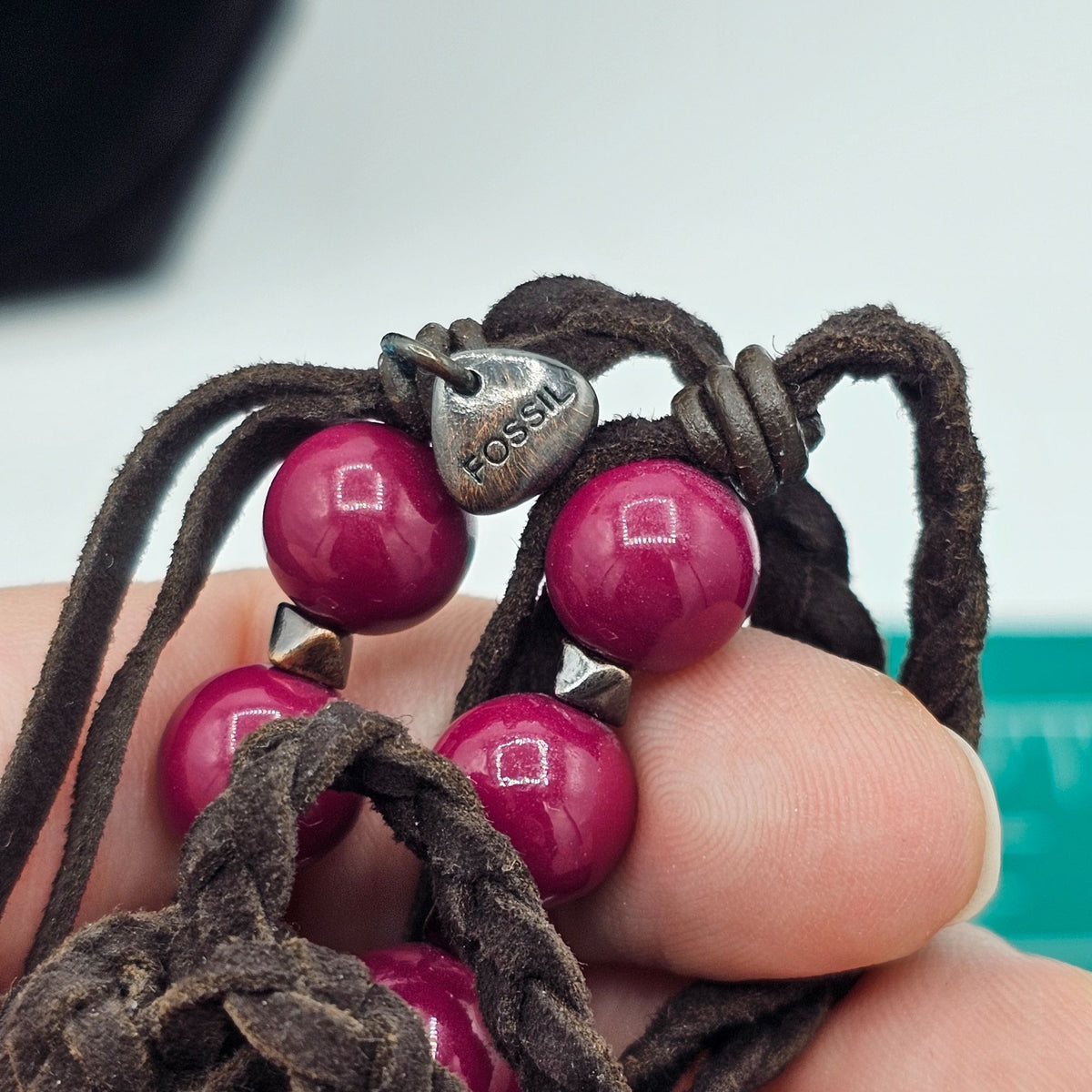 (46) Fossil Braided Brown Cord Necklace Large Pink Beads & Metal Accents