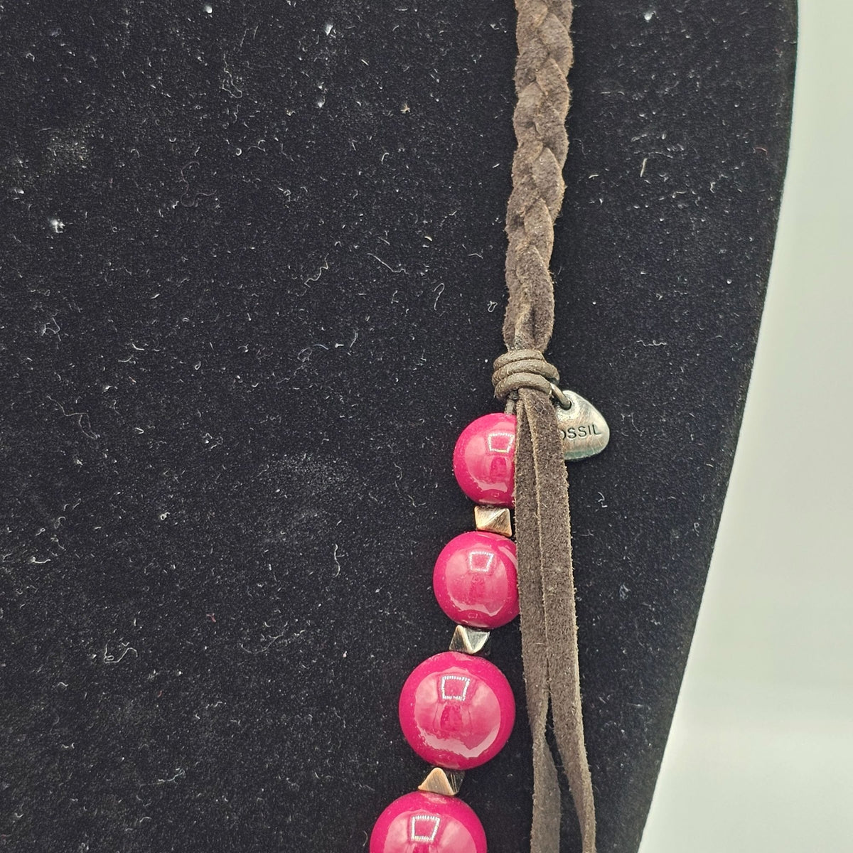 (46) Fossil Braided Brown Cord Necklace Large Pink Beads & Metal Accents