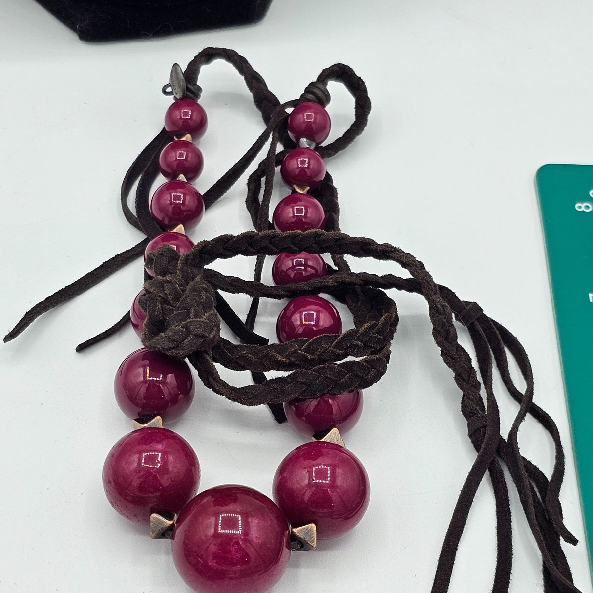 (46) Fossil Braided Brown Cord Necklace Large Pink Beads & Metal Accents