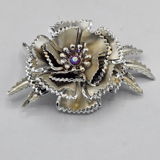 (673) Vintage Silver-Tone Metal Flower Brooch Huge Oversized Petals Leaves